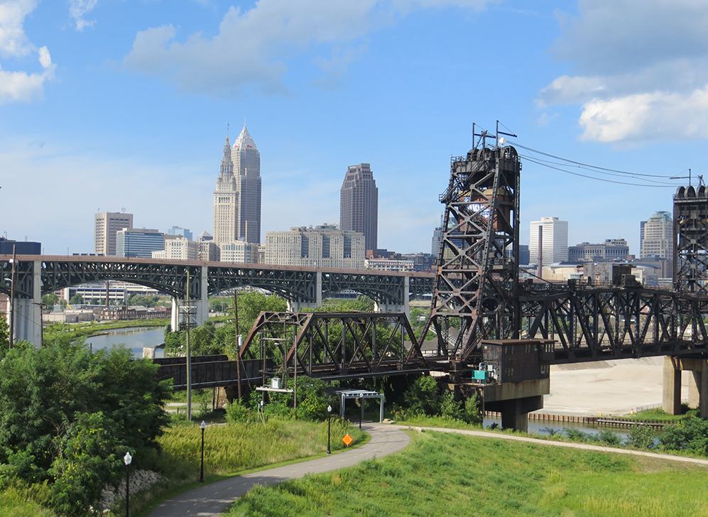 Cleveland skyline showing bridges and buildings including Terminal Tower and Key Tower